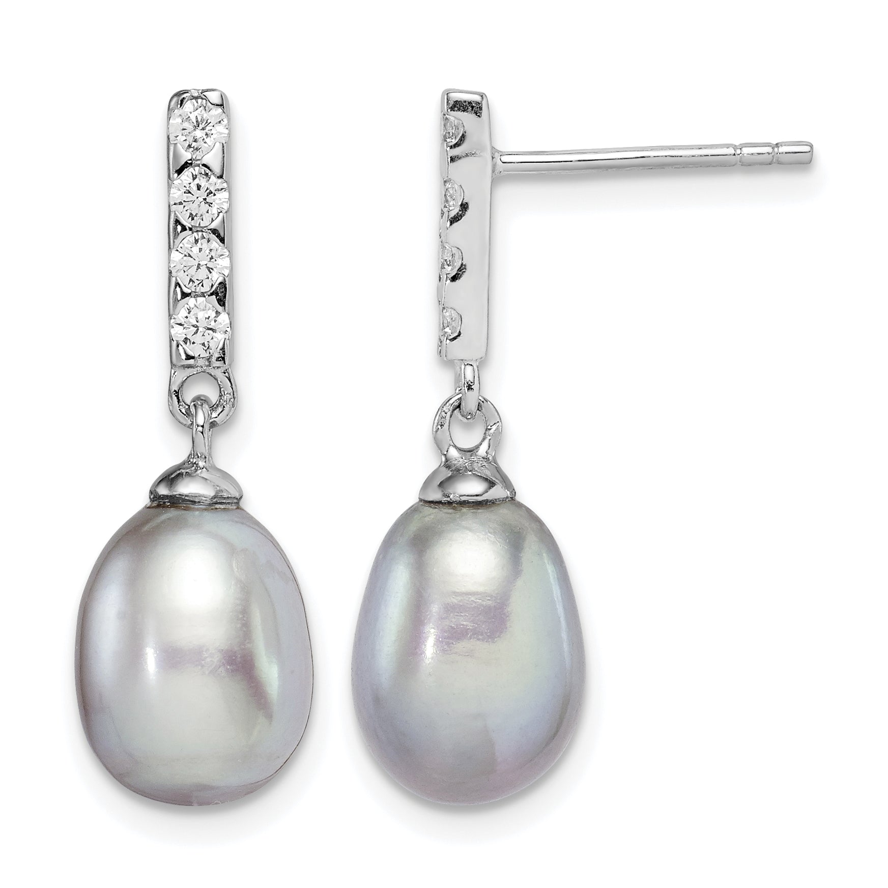 Sterling Silver Rhodium-plated 8-9mm Grey Teardrop Freshwater Cultured Pearl and CZ Post Dangle Earrings