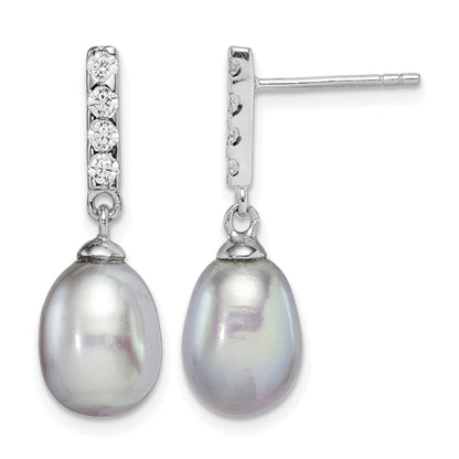 Sterling Silver Rhodium-plated 8-9mm Grey Teardrop Freshwater Cultured Pearl and CZ Post Dangle Earrings