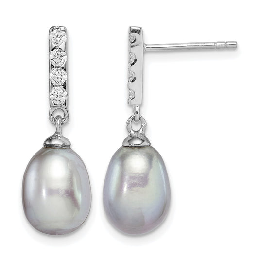 Sterling Silver Rhodium-plated 8-9mm Grey Teardrop Freshwater Cultured Pearl and CZ Post Dangle Earrings