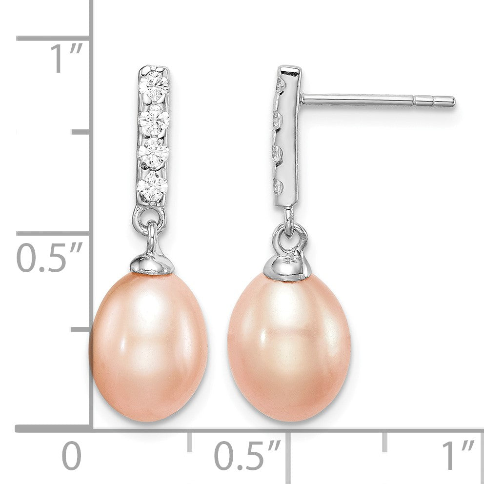 Sterling Silver Rhodium-plated 8-9mm Pink Teardrop Freshwater Cultured Pearl and CZ Post Dangle Earrings
