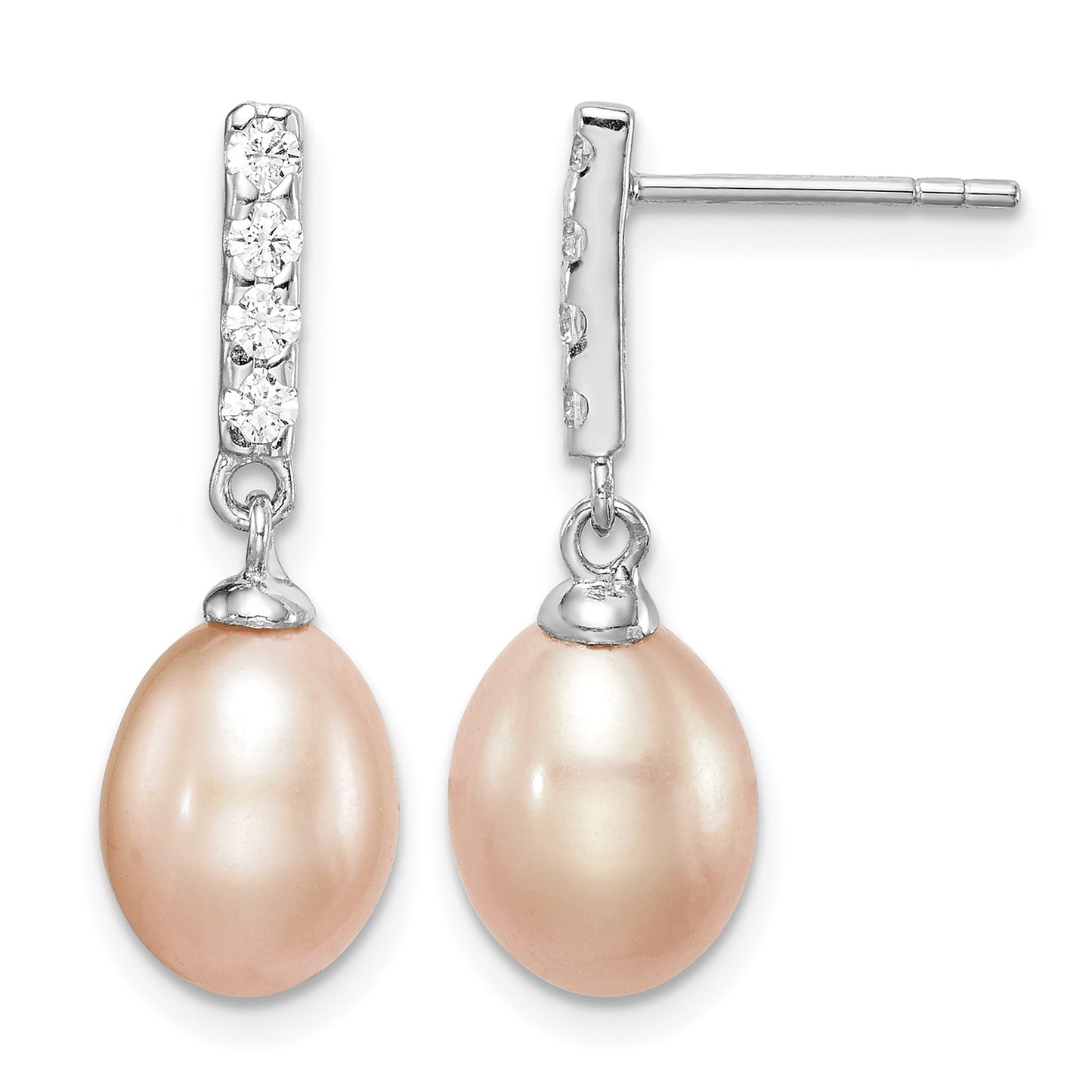 Sterling Silver Rhodium-plated 8-9mm Pink Teardrop Freshwater Cultured Pearl and CZ Post Dangle Earrings
