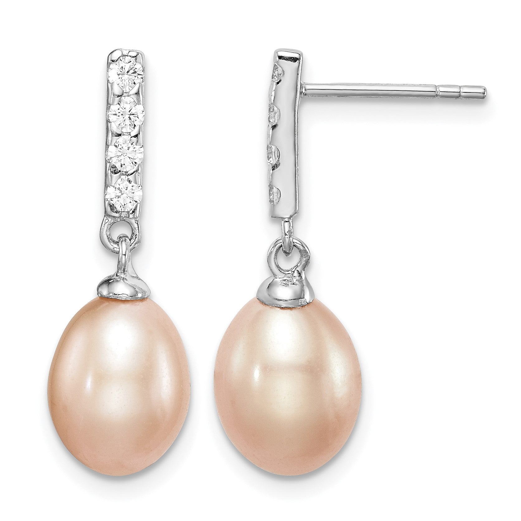 Sterling Silver Rhodium-plated 8-9mm Pink Teardrop Freshwater Cultured Pearl and CZ Post Dangle Earrings