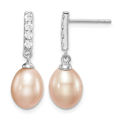 Sterling Silver Rhodium-plated 8-9mm Pink Teardrop Freshwater Cultured Pearl and CZ Post Dangle Earrings
