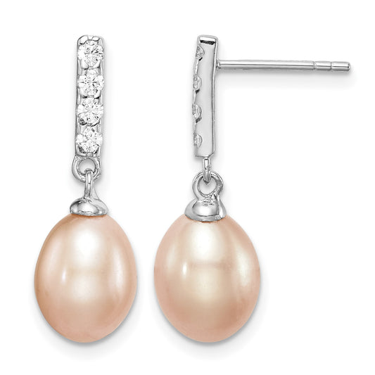 Sterling Silver Rhodium-plated 8-9mm Pink Teardrop Freshwater Cultured Pearl and CZ Post Dangle Earrings
