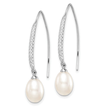 Sterling Silver Rhodium-plated 7-8mm White Teardrop Freshwater Cultured Pearl and CZ Threader Earrings