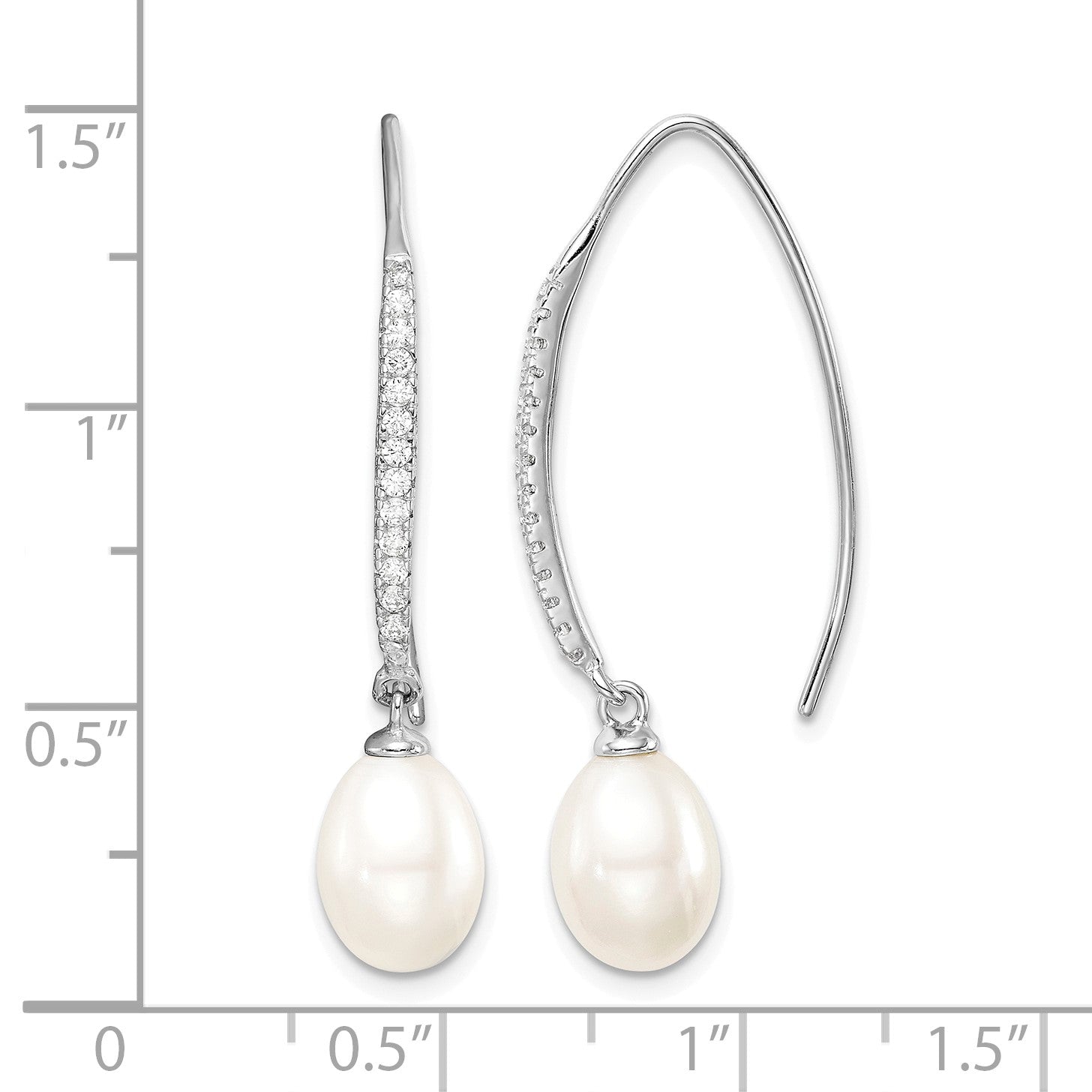Sterling Silver Rhodium-plated 7-8mm White Teardrop Freshwater Cultured Pearl and CZ Threader Earrings