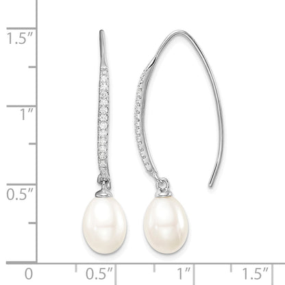 Sterling Silver Rhodium-plated 7-8mm White Teardrop Freshwater Cultured Pearl and CZ Threader Earrings