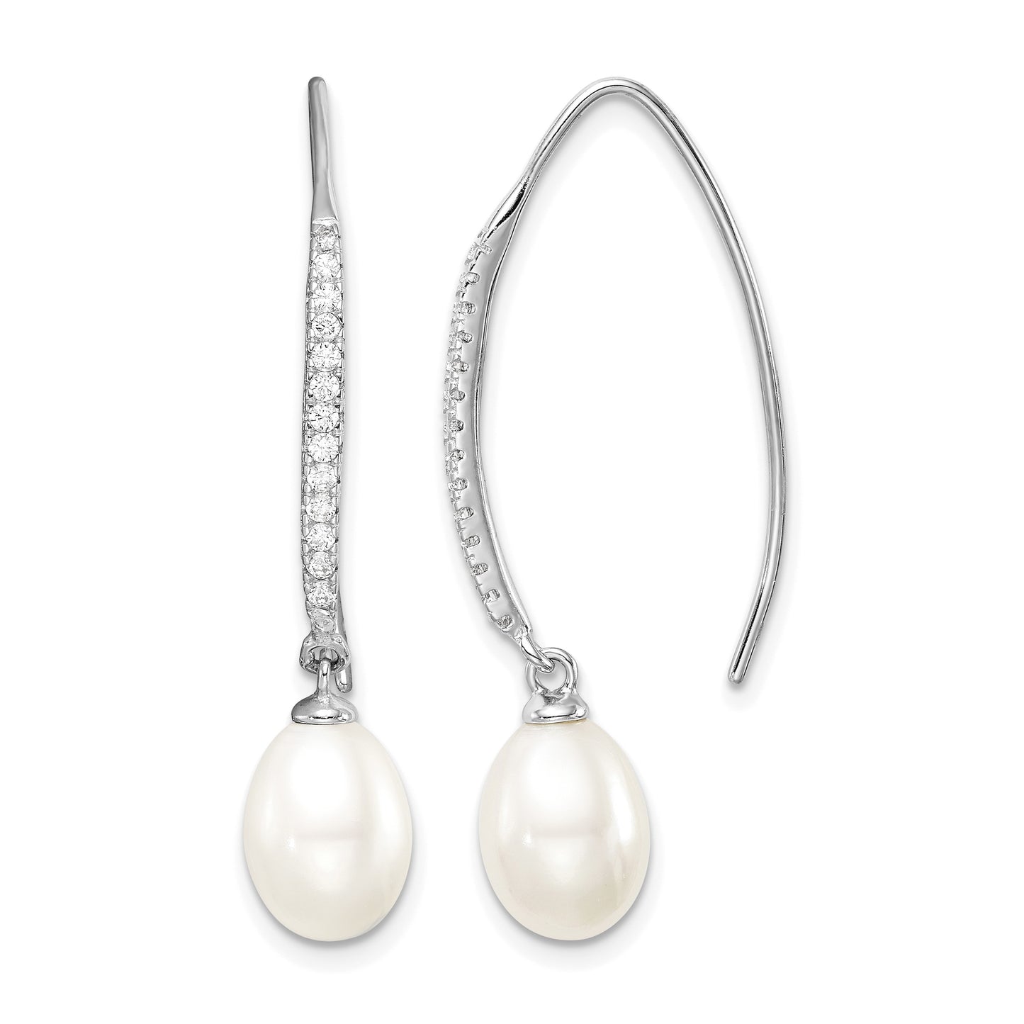 Sterling Silver Rhodium-plated 7-8mm White Teardrop Freshwater Cultured Pearl and CZ Threader Earrings