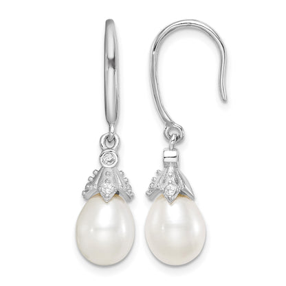 Sterling Silver Rhodium-plated 7-8mm White Teardrop Freshwater Cultured Pearl and CZ Dangle Earrings