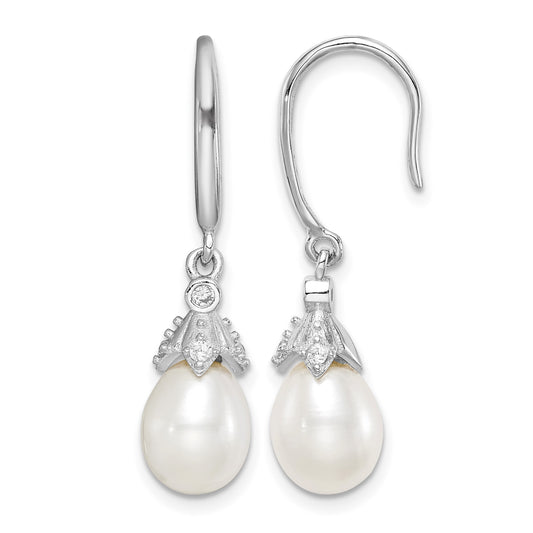 Sterling Silver Rhodium-plated 7-8mm White Teardrop Freshwater Cultured Pearl and CZ Dangle Earrings
