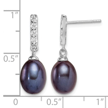 Sterling Silver Rhodium-plated 8-9mm Black Teardrop Freshwater Cultured Pearl and CZ Post Dangle Earrings