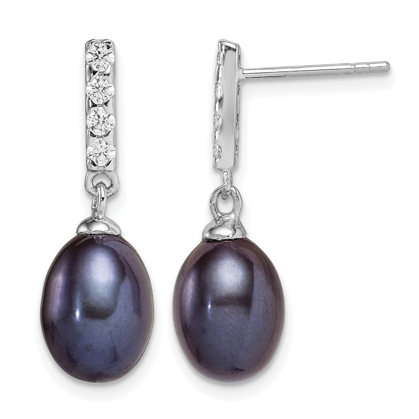 Sterling Silver Rhodium-plated 8-9mm Black Teardrop Freshwater Cultured Pearl and CZ Post Dangle Earrings