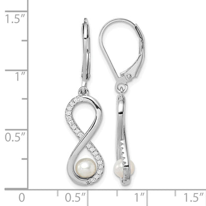 Sterling Silver Rhodium-plated 4-5mm White Freshwater Cultured Pearl and CZ Infinity Dangle Leverback Earrings