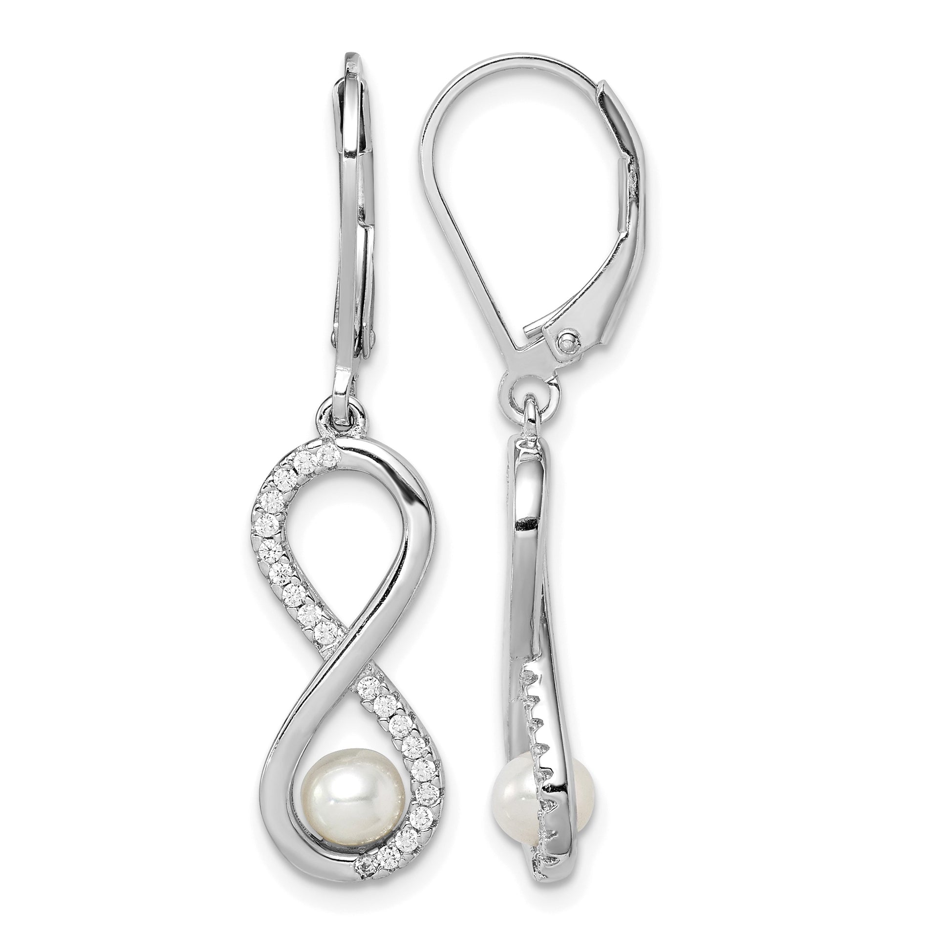 Sterling Silver Rhodium-plated 4-5mm White Freshwater Cultured Pearl and CZ Infinity Dangle Leverback Earrings