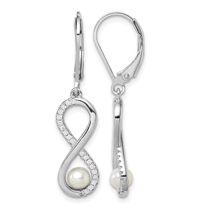 Sterling Silver Rhodium-plated 4-5mm White Freshwater Cultured Pearl and CZ Infinity Dangle Leverback Earrings