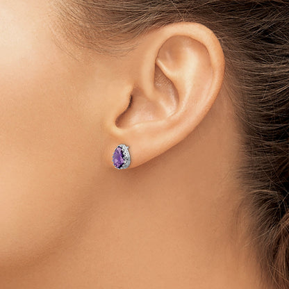 Sterling Silver Rhodium-plated 10mm Polished Pear Amethyst Post Earrings