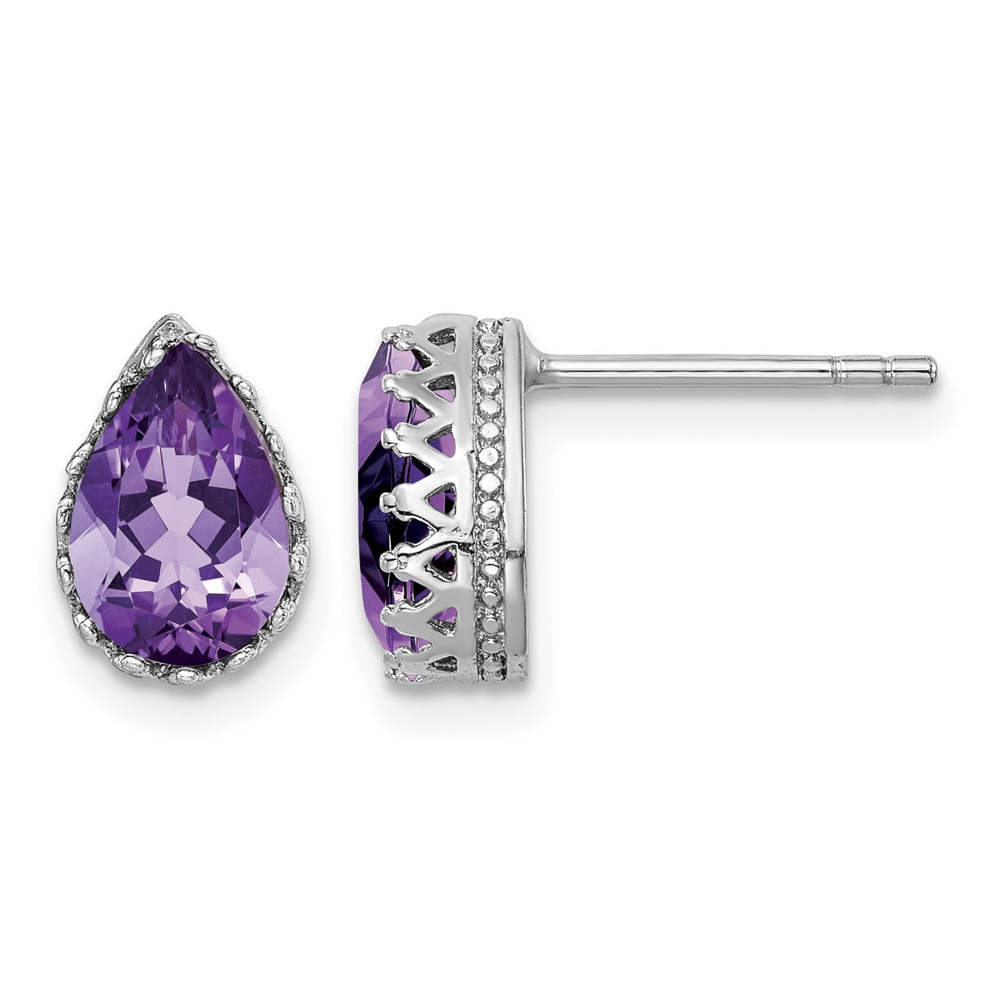Sterling Silver Rhodium-plated 10mm Polished Pear Amethyst Post Earrings