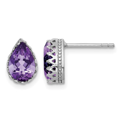 Sterling Silver Rhodium-plated 10mm Polished Pear Amethyst Post Earrings