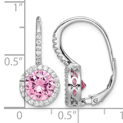Sterling Silver RH-plated Polished Pink & White CZ Halo Leverback Earrings