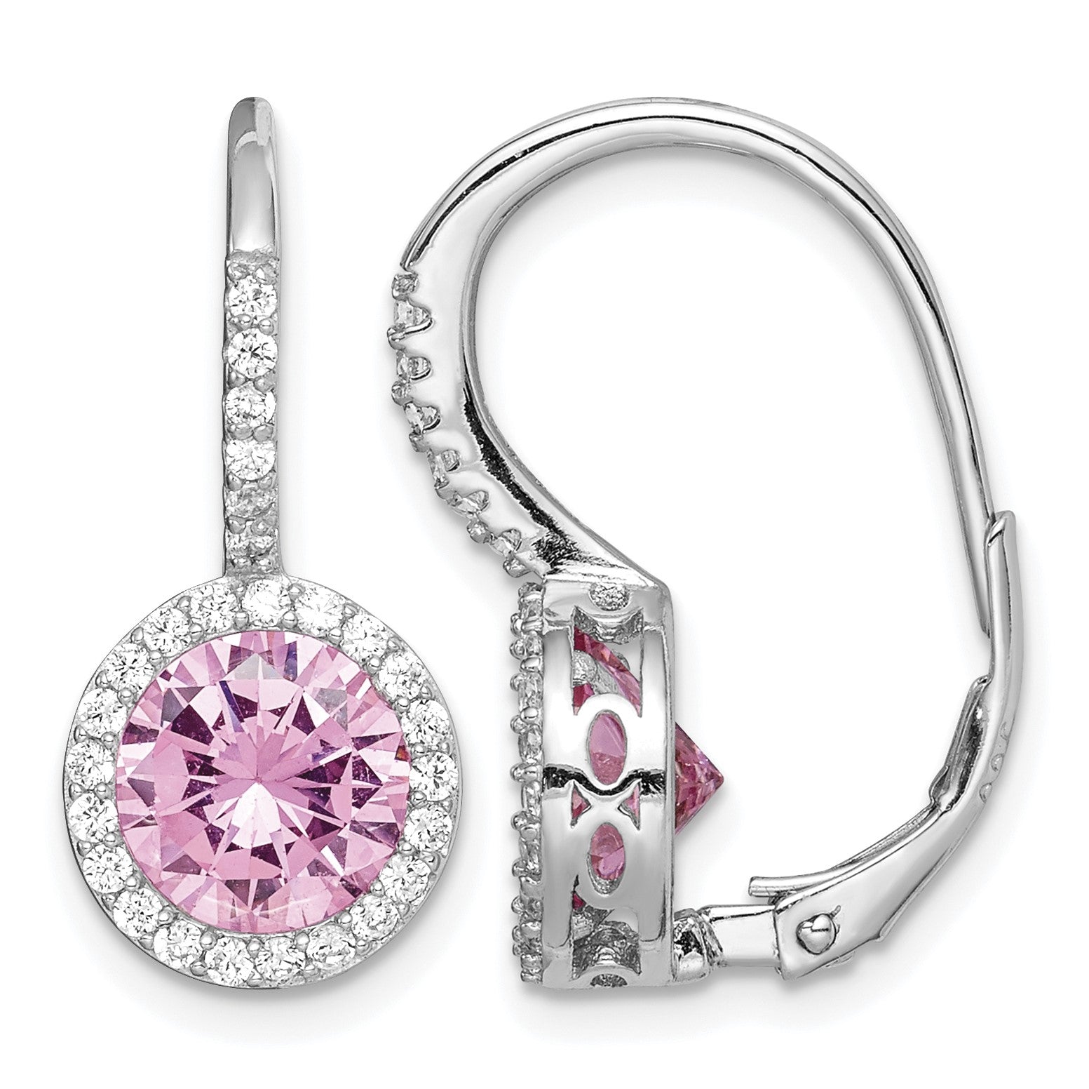 Sterling Silver RH-plated Polished Pink & White CZ Halo Leverback Earrings