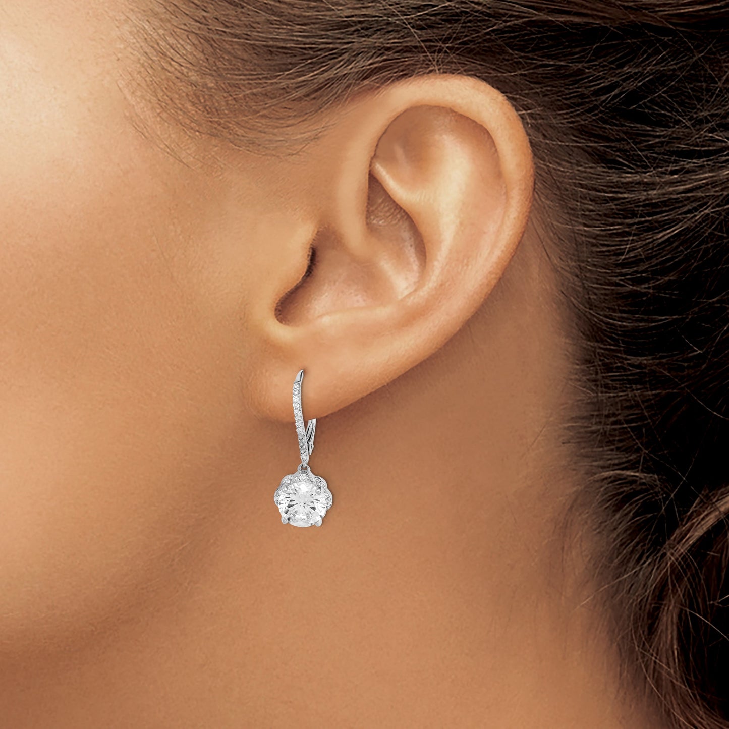 Sterling Silver Rhodium-plated Polished CZ Flower Leverback Earrings