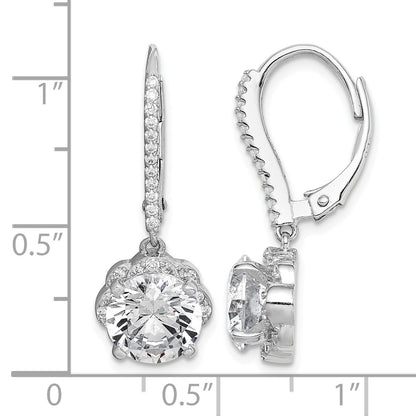 Sterling Silver Rhodium-plated Polished CZ Flower Leverback Earrings