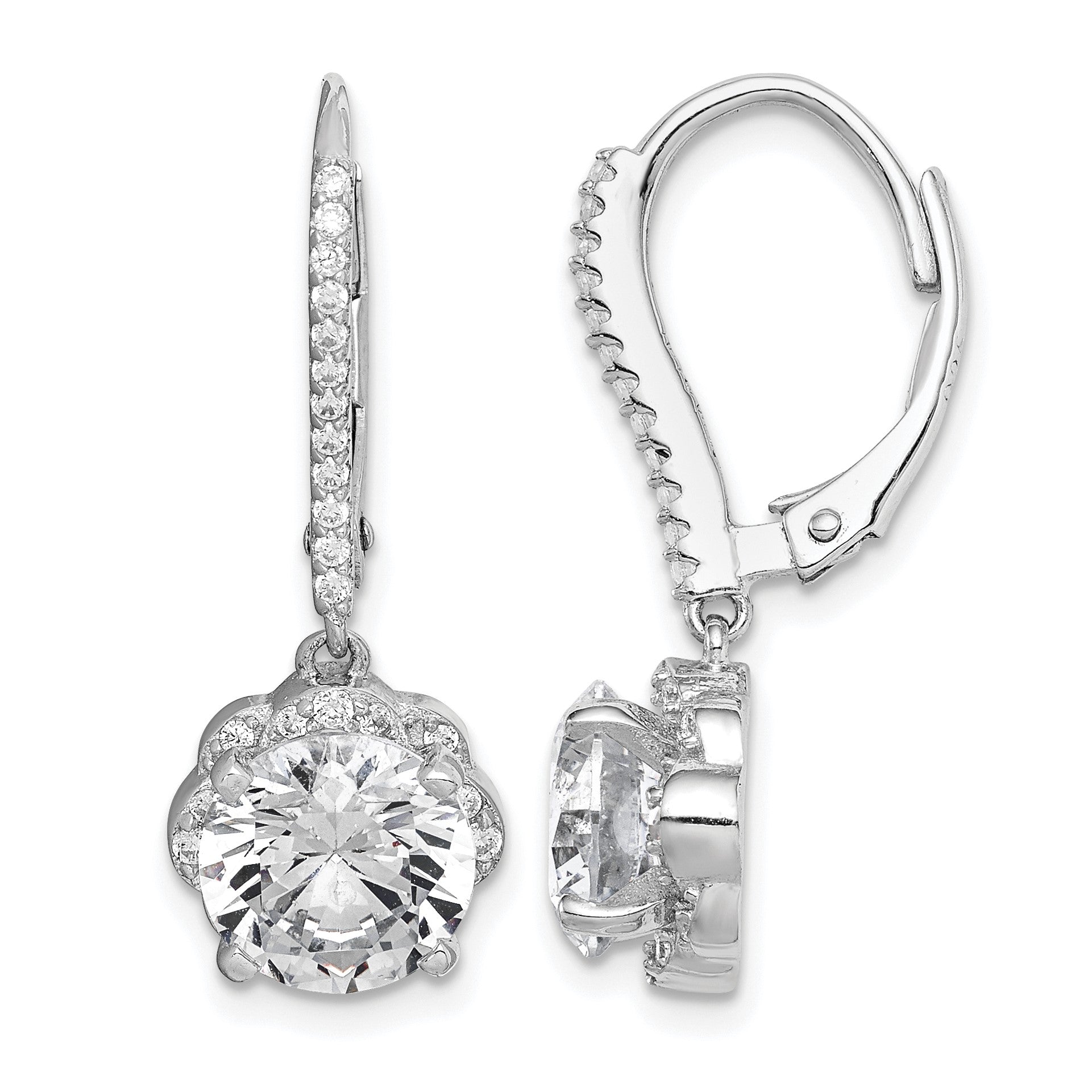 Sterling Silver Rhodium-plated Polished CZ Flower Leverback Earrings