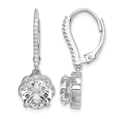 Sterling Silver Rhodium-plated Polished CZ Flower Leverback Earrings