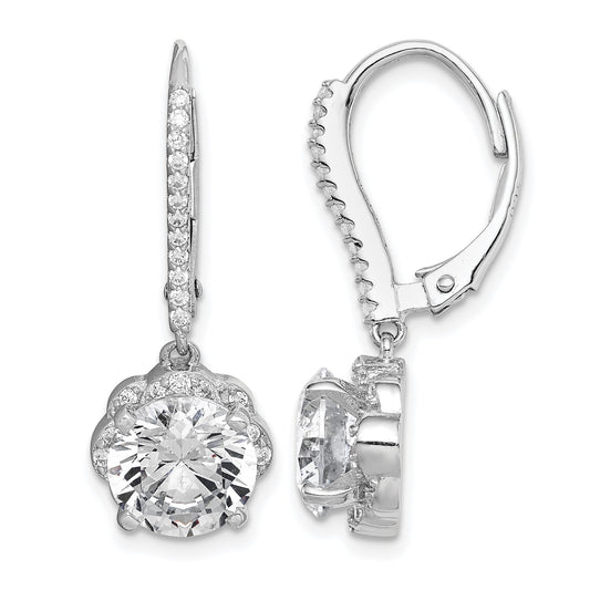 Sterling Silver Rhodium-plated Polished CZ Flower Leverback Earrings