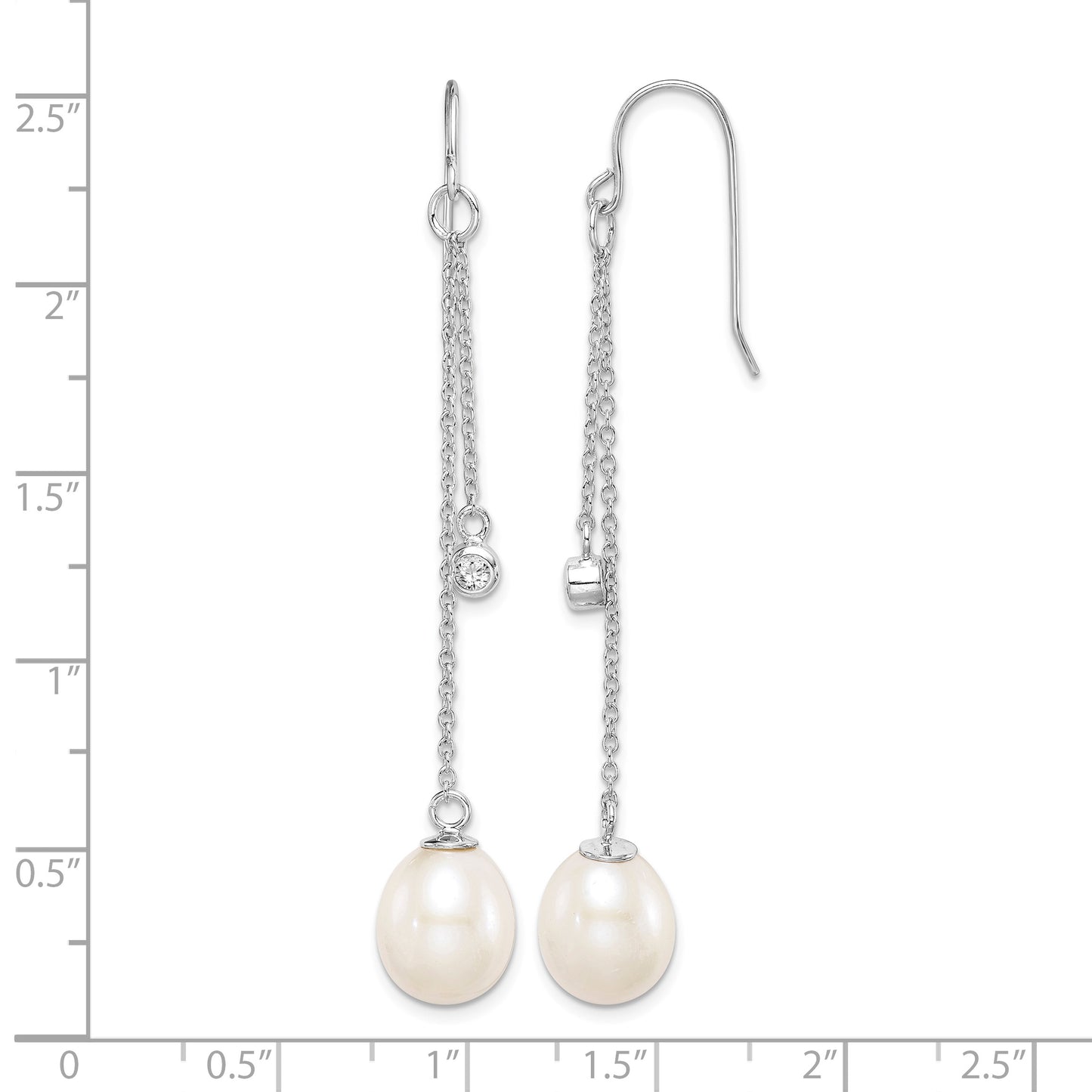 Sterling Silver Rhodium-plated 9-10mm White Teardrop Freshwater Cultured Pearl and CZ Dangle Earrings