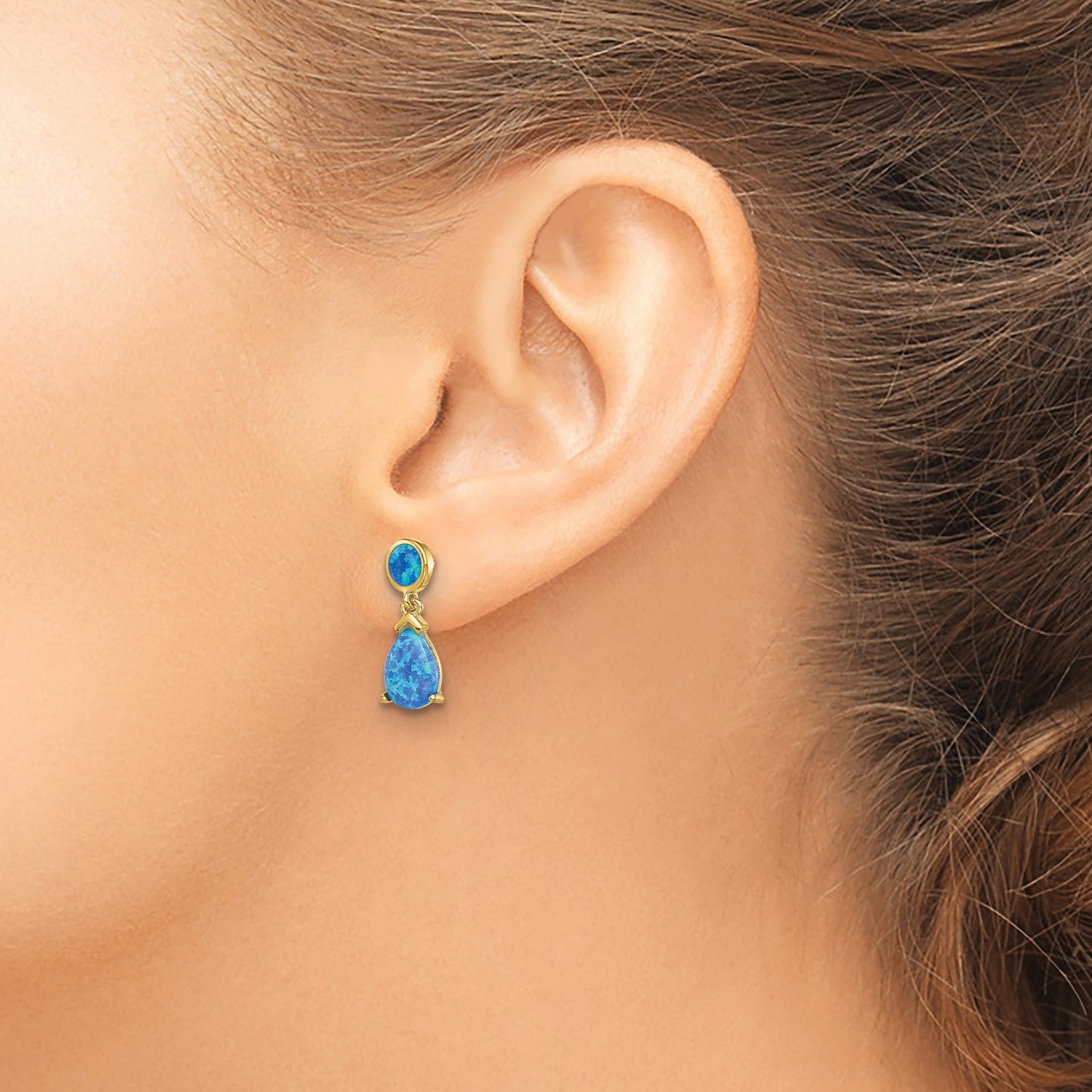 Sterling Silver Gold-tone Created Blue Opal Teardrop Post Dangle Earrings