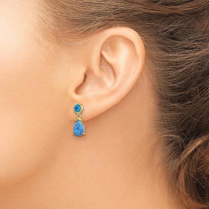 Sterling Silver Gold-tone Created Blue Opal Teardrop Post Dangle Earrings