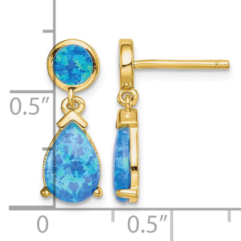 Sterling Silver Gold-tone Created Blue Opal Teardrop Post Dangle Earrings