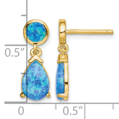 Sterling Silver Gold-tone Created Blue Opal Teardrop Post Dangle Earrings