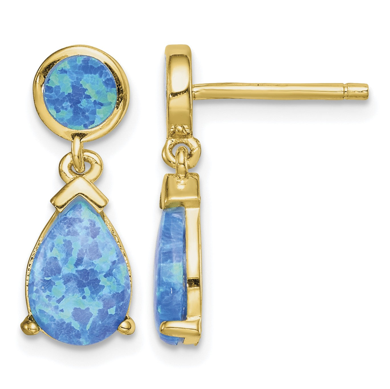 Sterling Silver Gold-tone Created Blue Opal Teardrop Post Dangle Earrings