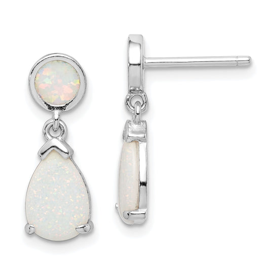 Sterling Silver Rhodium-plated Created Opal Teardrop Post Dangle Earrings