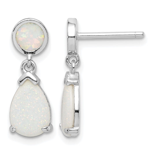 Sterling Silver Rhodium-plated Created Opal Teardrop Post Dangle Earrings
