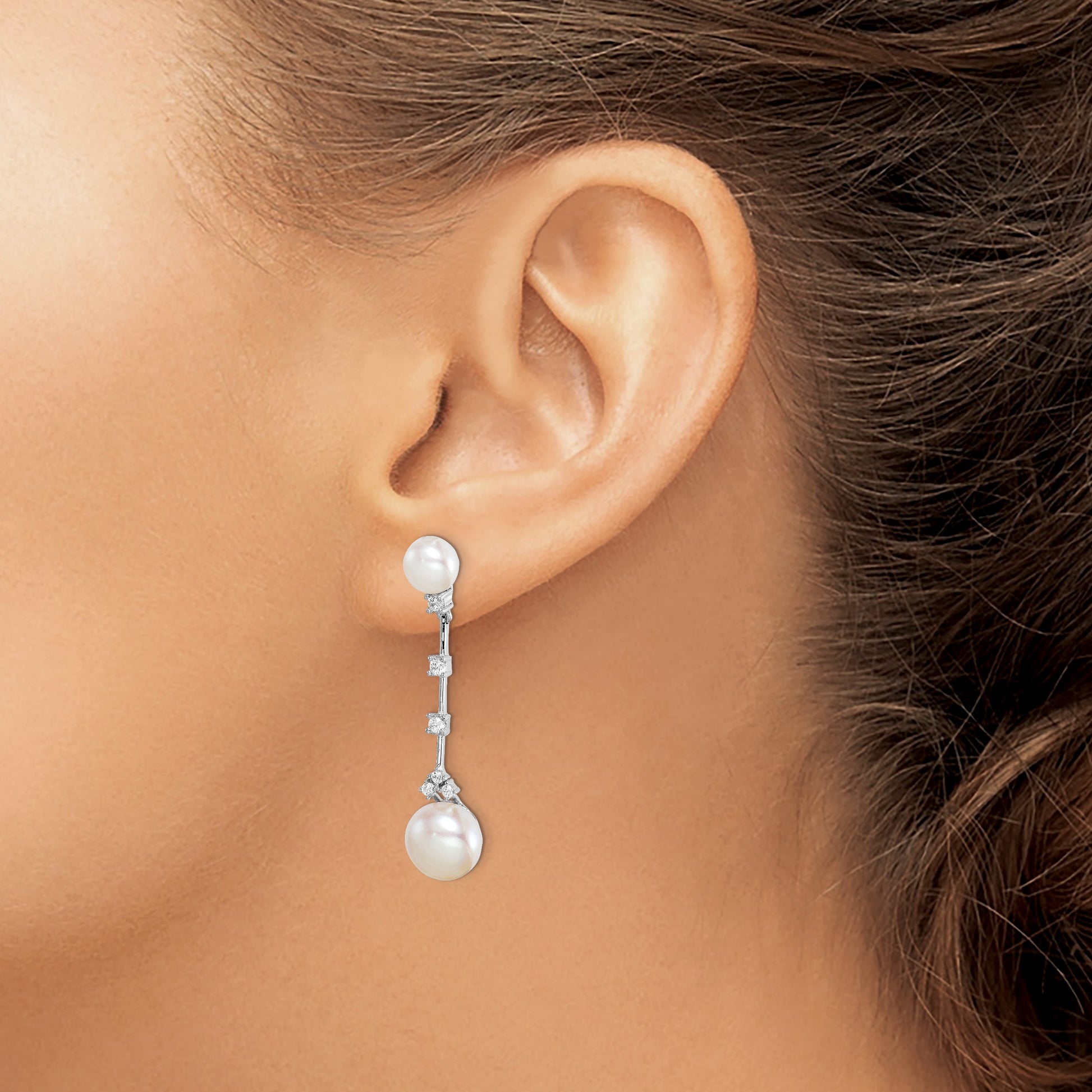 Sterling Silver Rhodium-plated CZ FWC Button Pearl Dangle Post Earrings