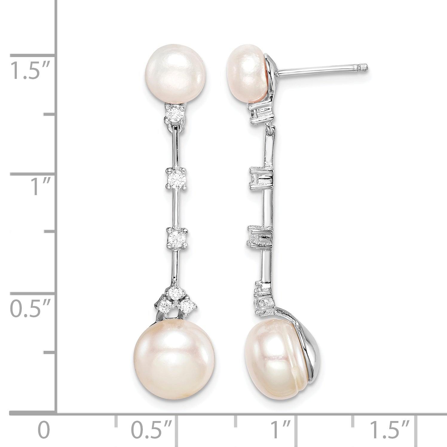 Sterling Silver Rhodium-plated CZ FWC Button Pearl Dangle Post Earrings