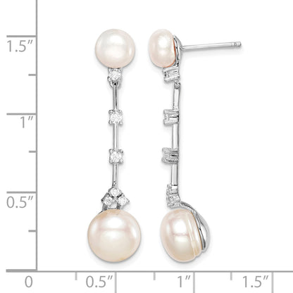 Sterling Silver Rhodium-plated CZ FWC Button Pearl Dangle Post Earrings