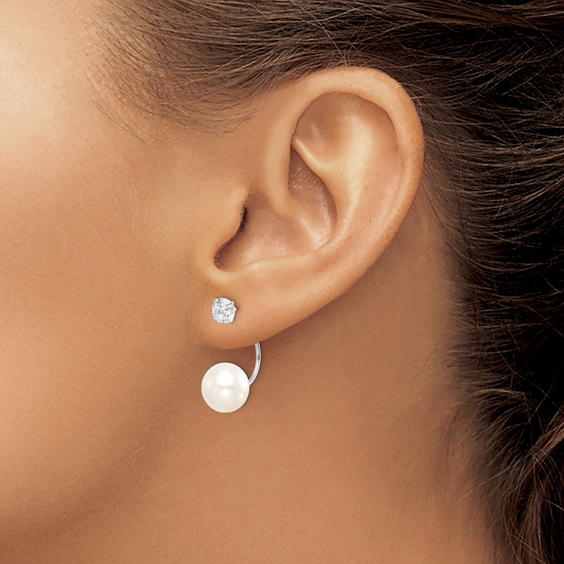 Sterling Silver Rhodium-plated 9-10mm White Button Freshwater Cultured Pearl and CZ Front and Back Post Dangle Earrings