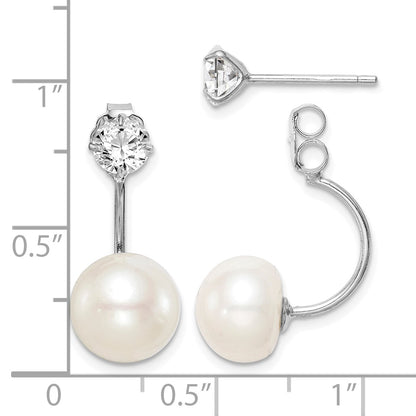 Sterling Silver Rhodium-plated 9-10mm White Button Freshwater Cultured Pearl and CZ Front and Back Post Dangle Earrings
