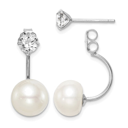 Sterling Silver Rhodium-plated 9-10mm White Button Freshwater Cultured Pearl and CZ Front and Back Post Dangle Earrings