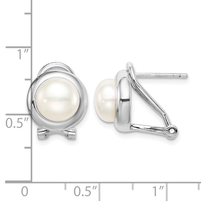 Sterling Silver Rhodium-plated 8-9mm White Button Freshwater Cultured Pearl Omega Back Earrings