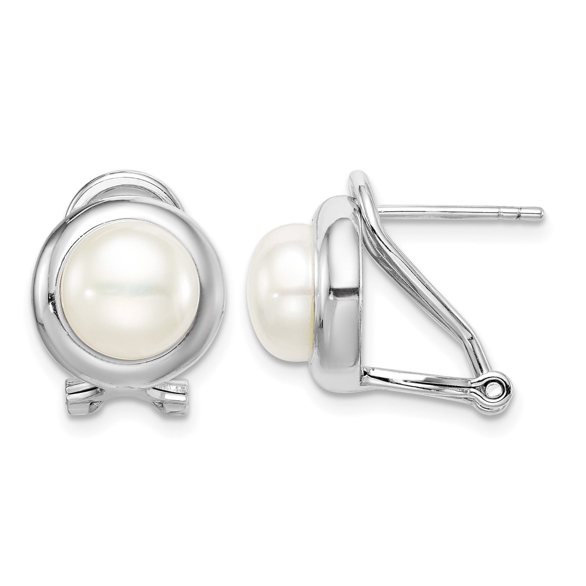 Sterling Silver Rhodium-plated 8-9mm White Button Freshwater Cultured Pearl Omega Back Earrings