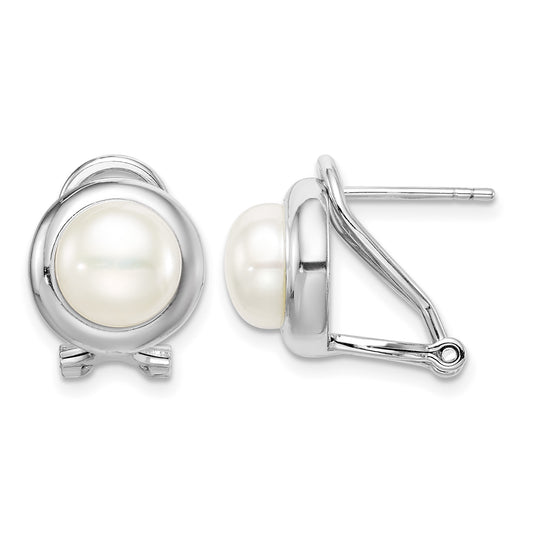 Sterling Silver Rhodium-plated 8-9mm White Button Freshwater Cultured Pearl Omega Back Earrings