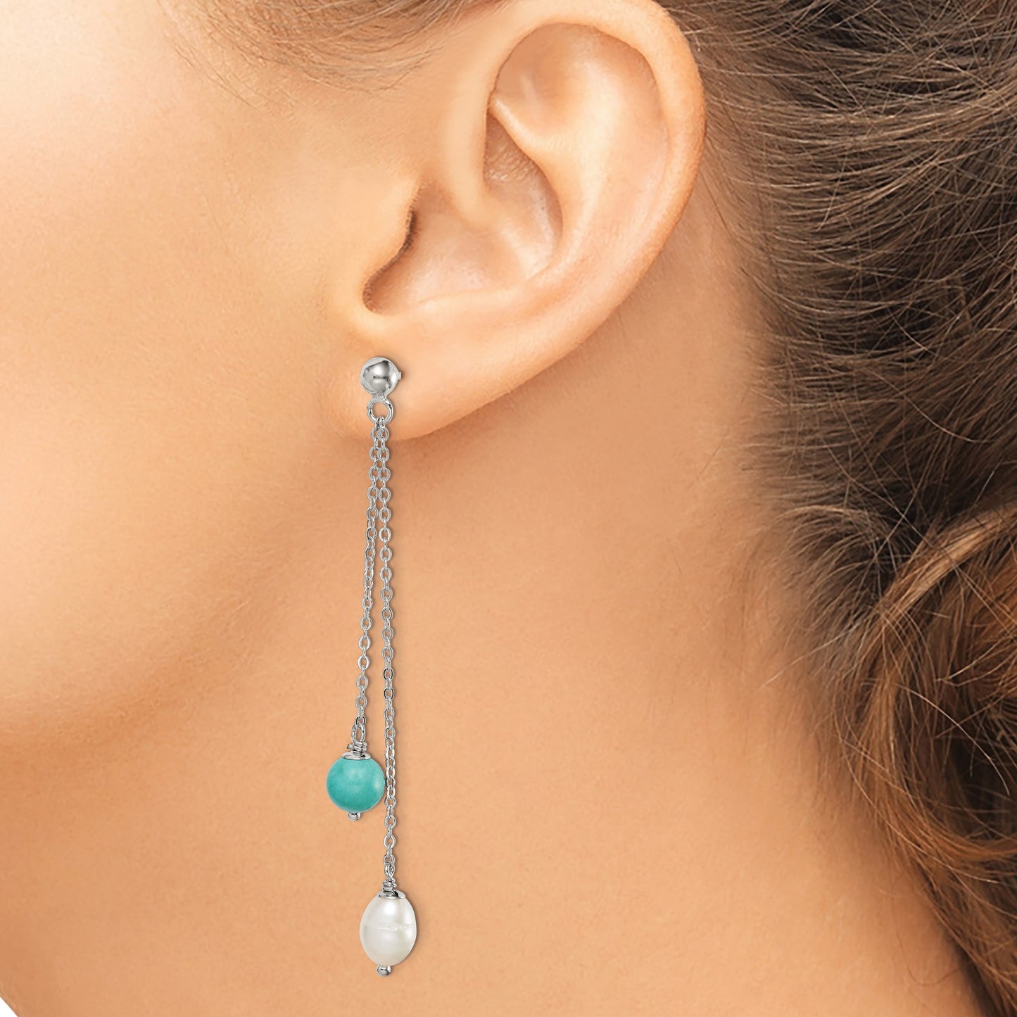 Sterling Silver Rhod-pltd Turquoise/FWC Pearl Chain Post Dangle Earrings