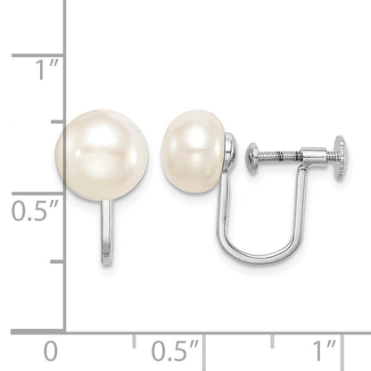 Sterling Silver Rhodium-plated 8-9mm White Button Freshwater Cultured Pearl Non Pierced Earrings