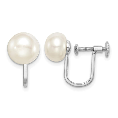 Sterling Silver Rhodium-plated 8-9mm White Button Freshwater Cultured Pearl Non Pierced Earrings