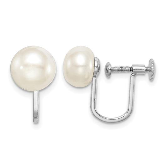 Sterling Silver Rhodium-plated 8-9mm White Button Freshwater Cultured Pearl Non Pierced Earrings